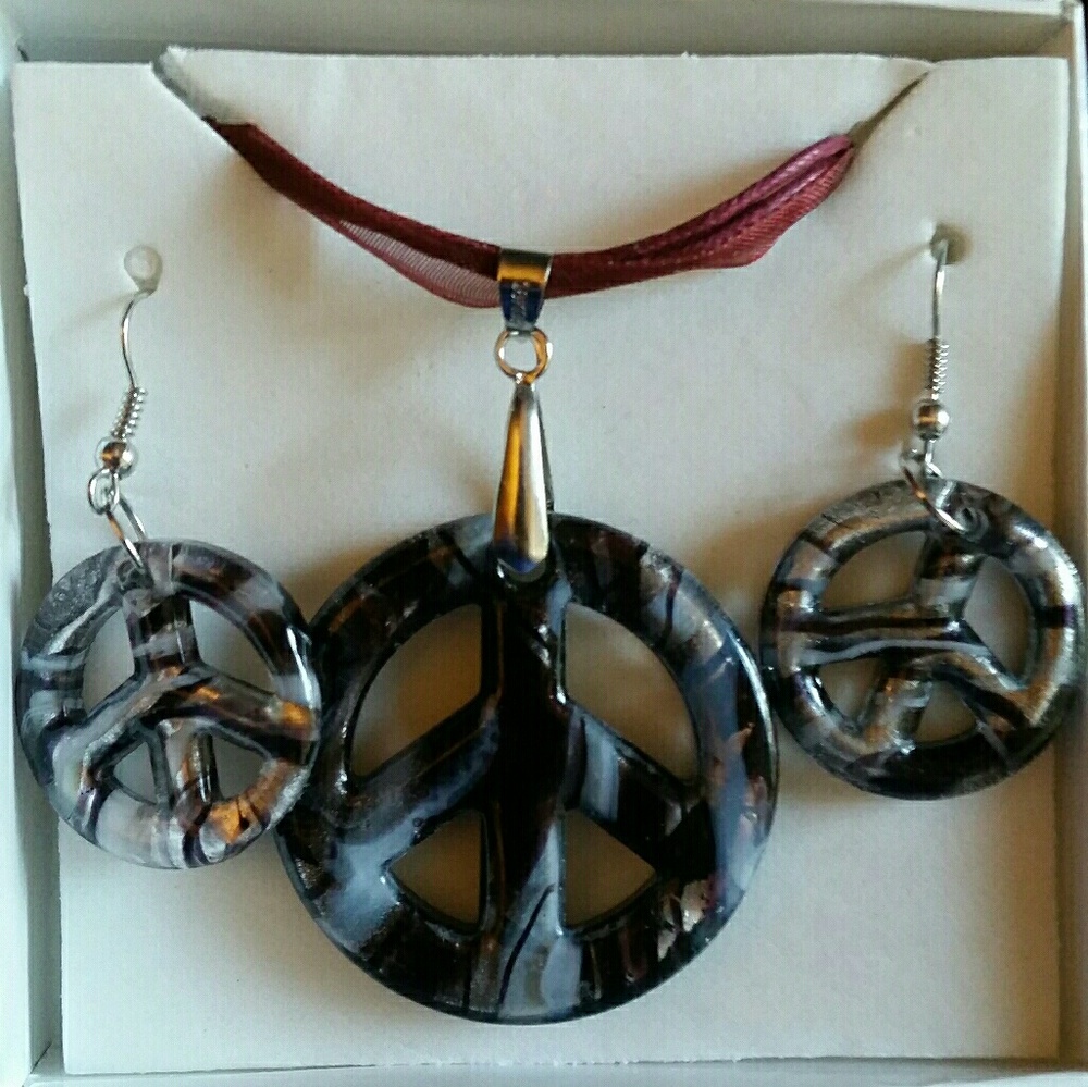 Glass Black Silver Peace Sign Necklace and Earring